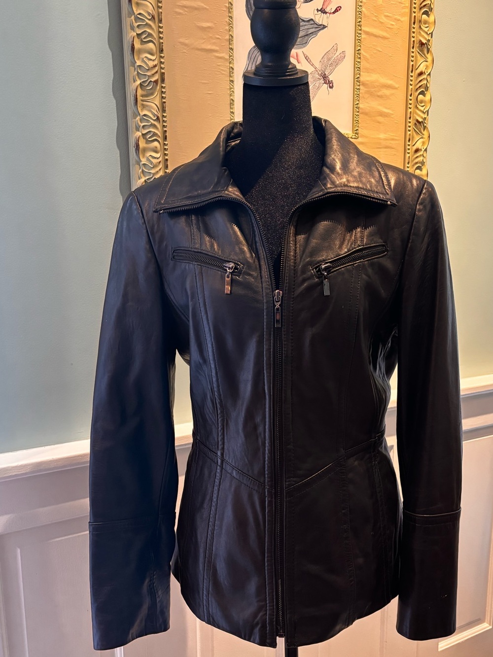 Black Leather Zip-Front Women's Jacket